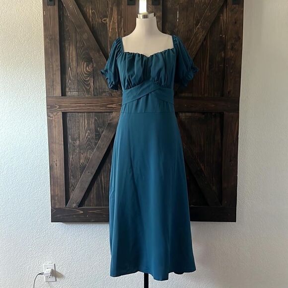 LYANER Women's Off Shoulder Ruffle Wrap Short Puff Sleeve Tie Back Ruched Dress - Picture 4 of 11